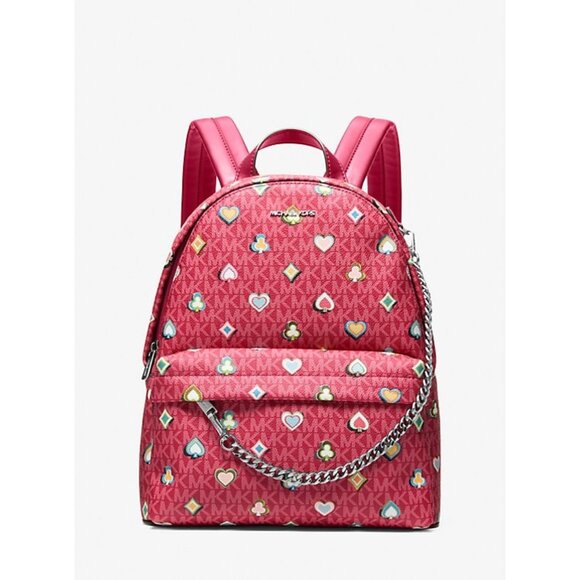 New Michael Kors Slater Medium Printed Signature Logo Backpack Dark Raspberry - Picture 2 of 6